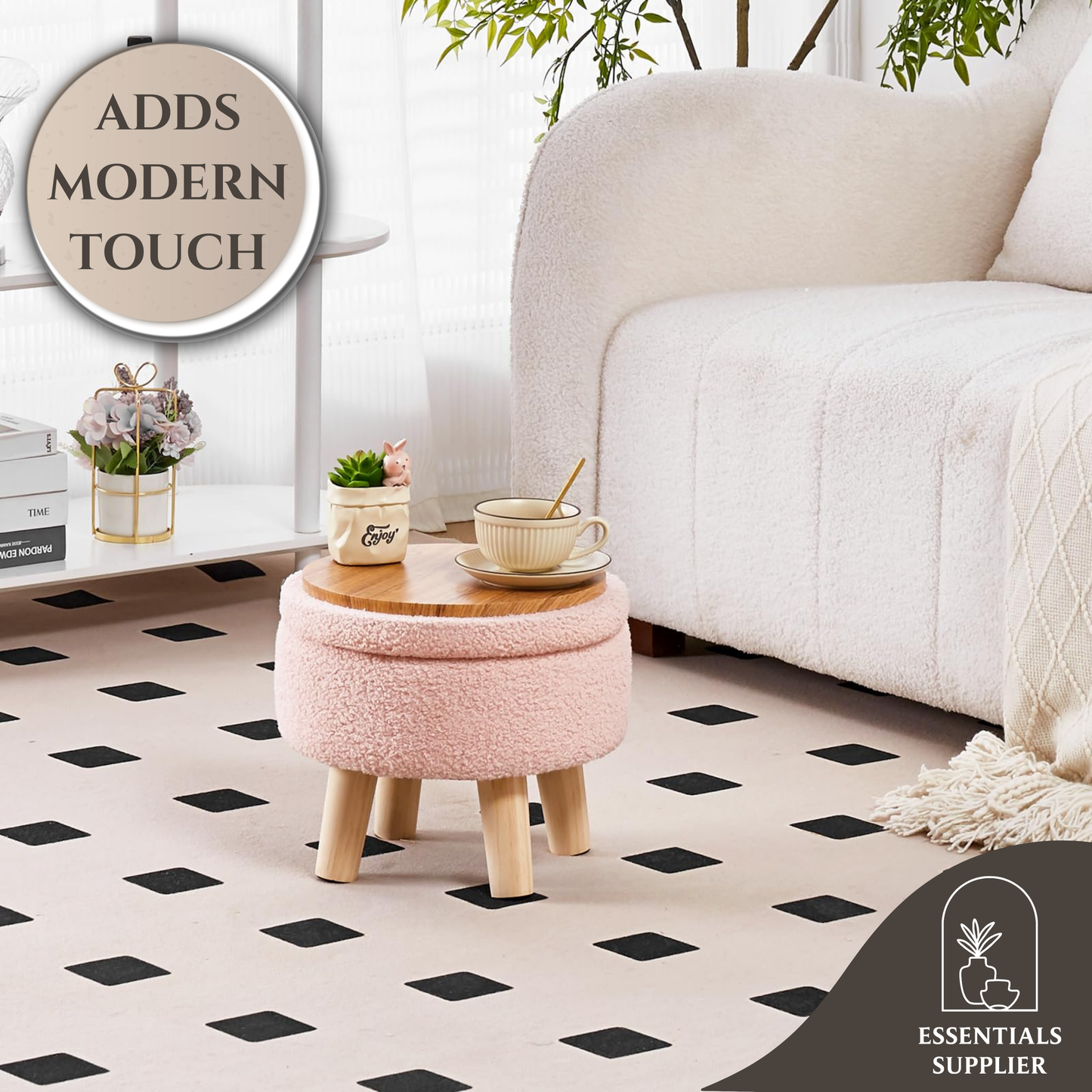 Round Storage Ottoman, Teddy Velvet Footrest with Wood Legs for Living Room, Pink