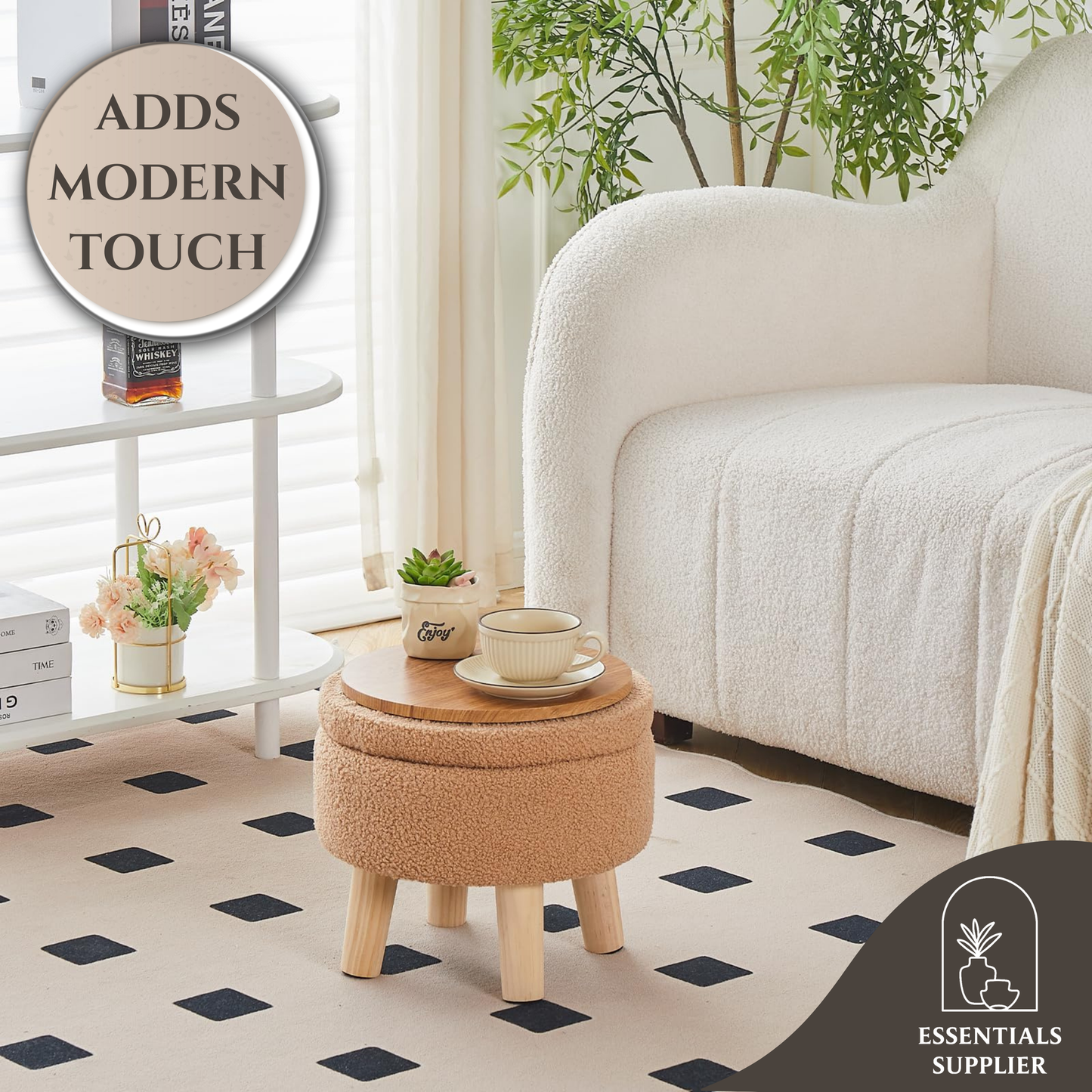 Round Storage Ottoman, Teddy Velvet Footrest with Wood Legs for Living Room, Brown