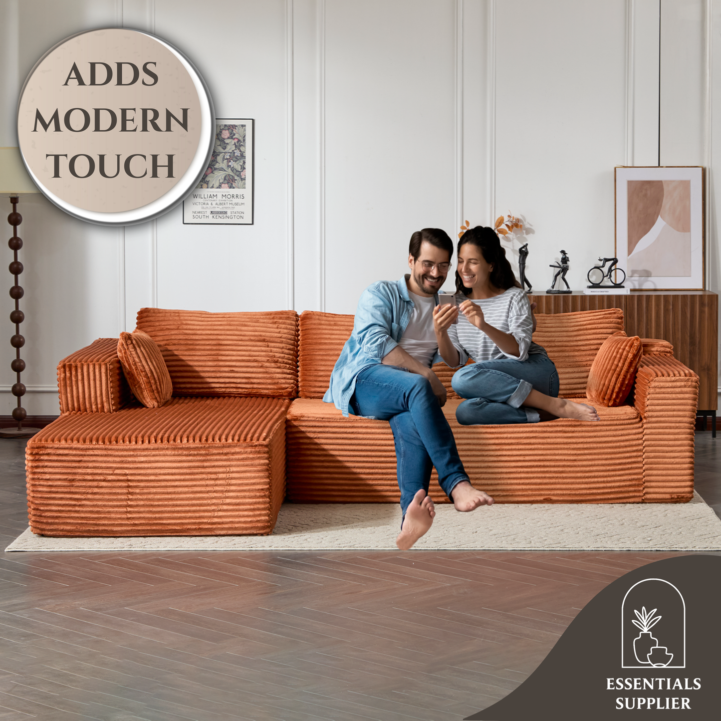 Modular L-Shaped Corduroy Sectional Sofa with Chaise – Brown