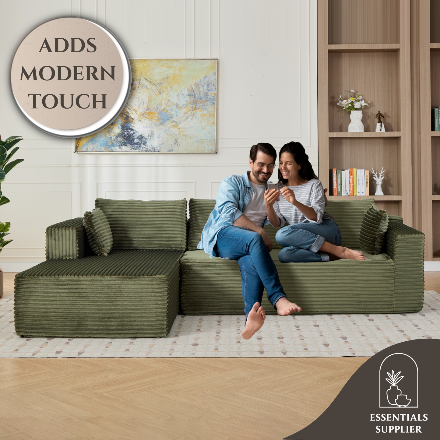 Modular L-Shaped Corduroy Sectional Sofa with Chaise – Green