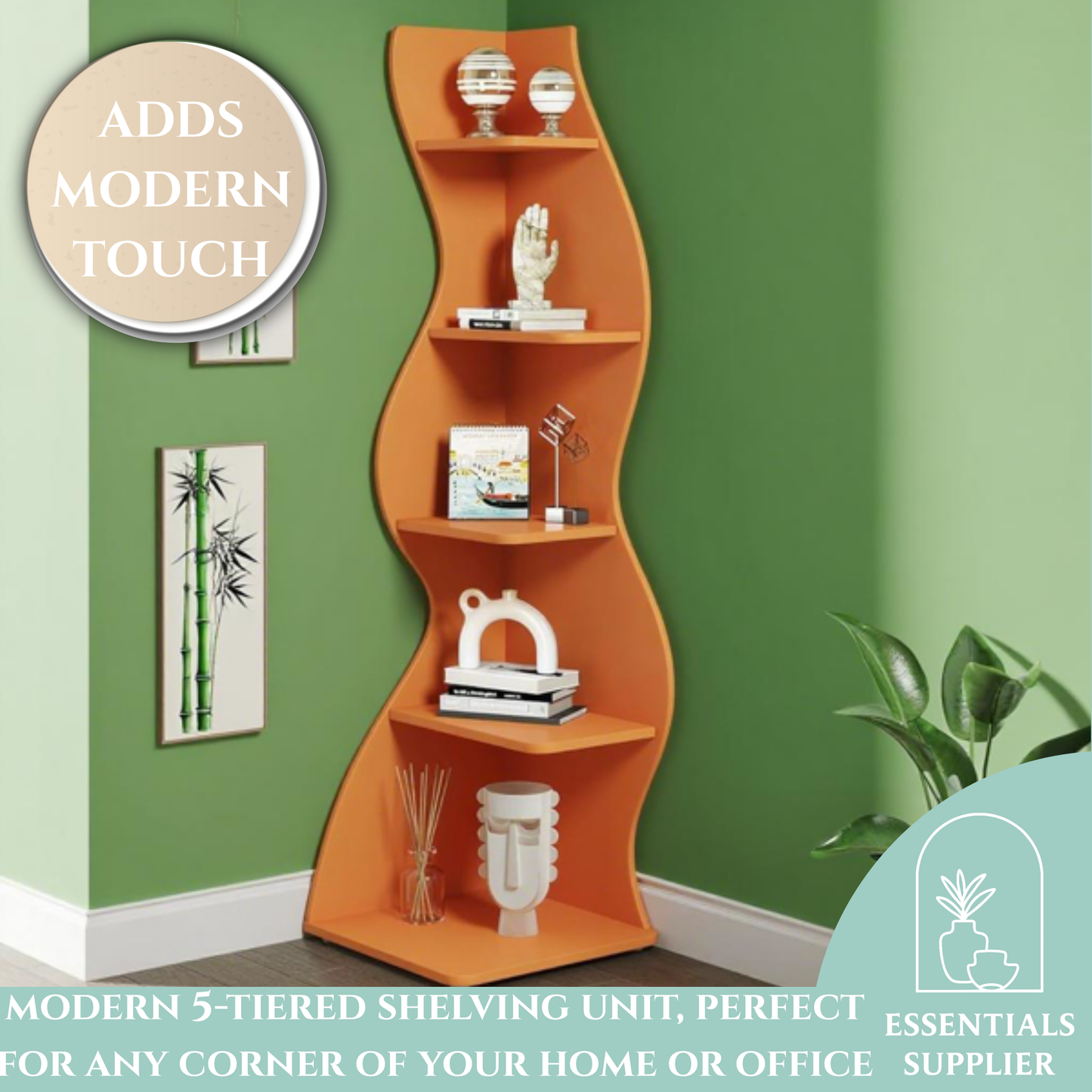 Bookcase Wavy 5-Tier Orange Corner Bookshelf – Modern Sculpted Storage Rack