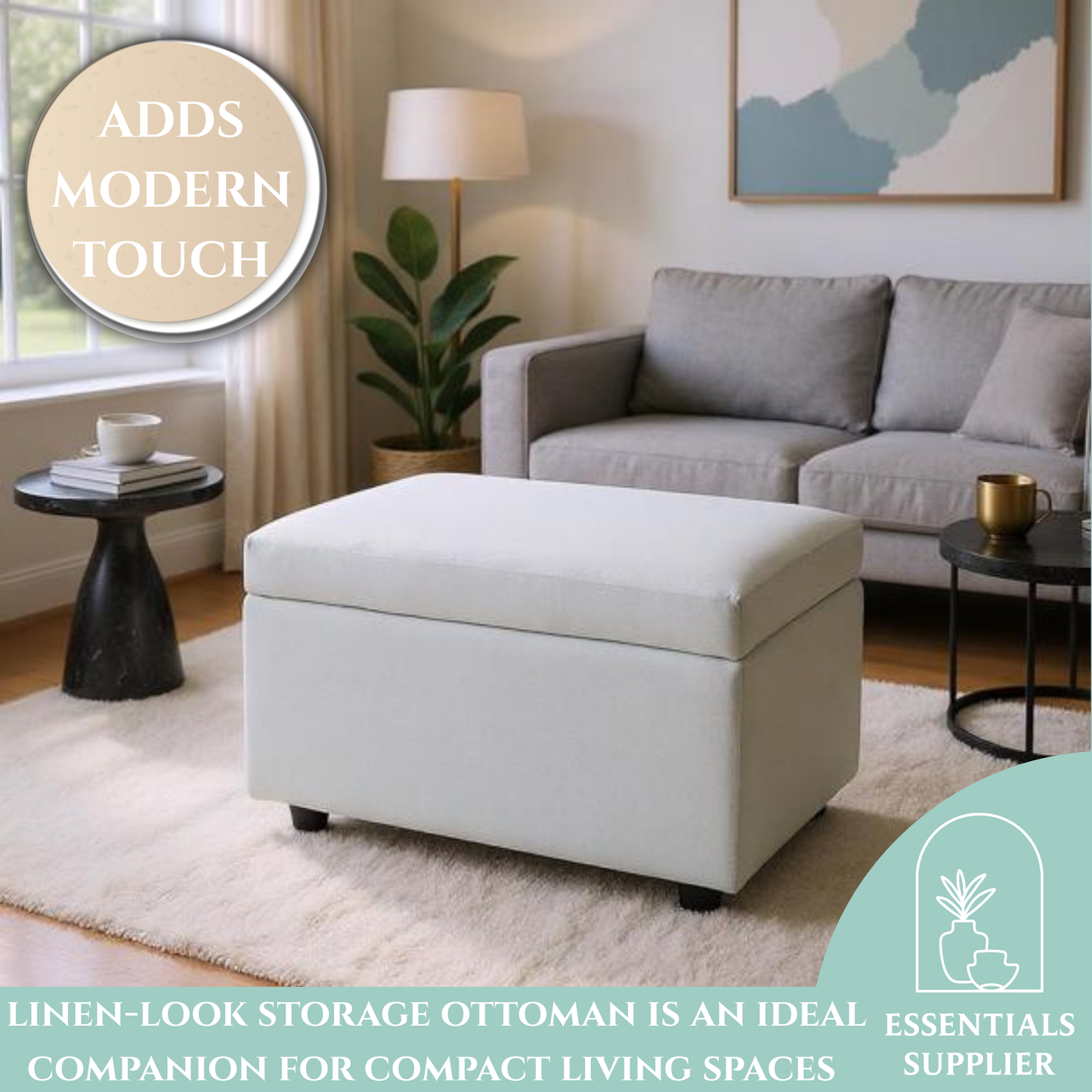 Beige Linen Storage Ottoman Bench with Hidden Compartment, 63×43×43cm