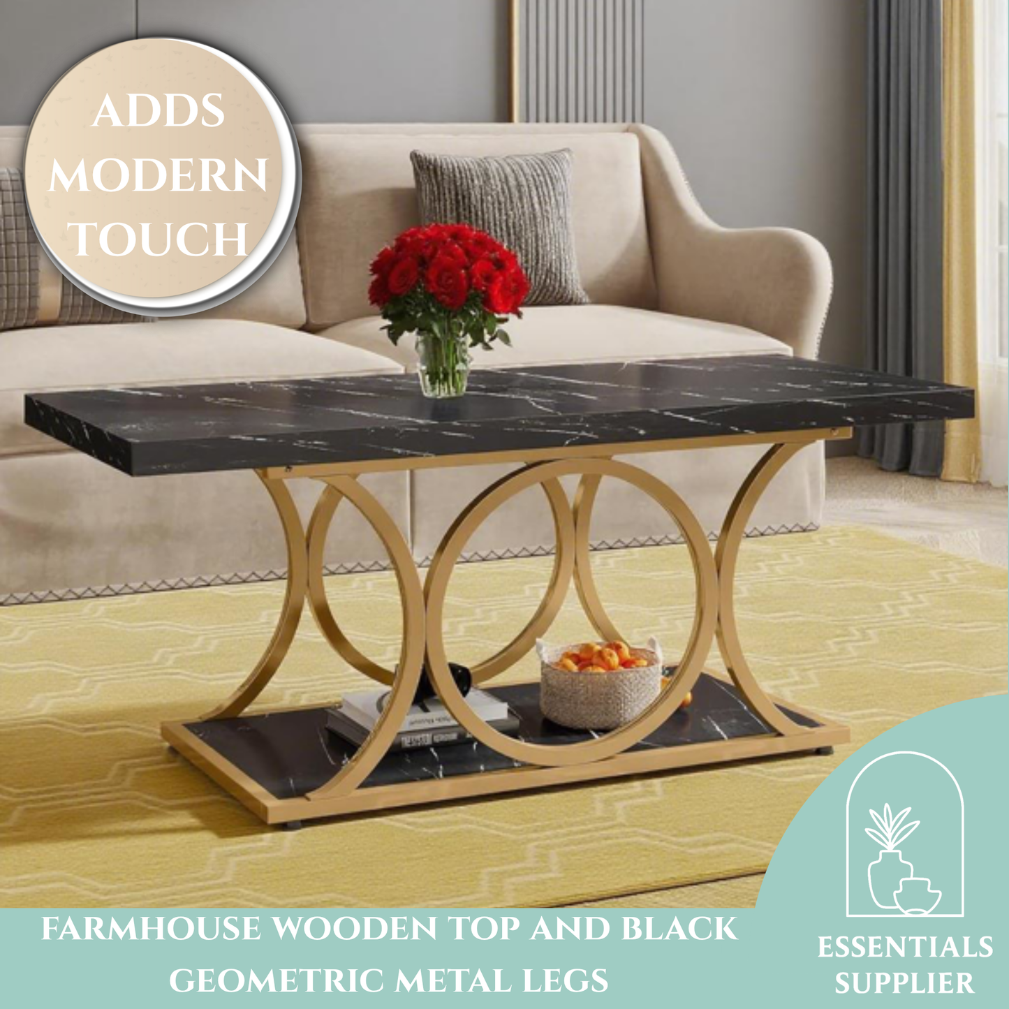 Rustic Black & Wood 2-Tier Coffee Table with Geometric Metal Base