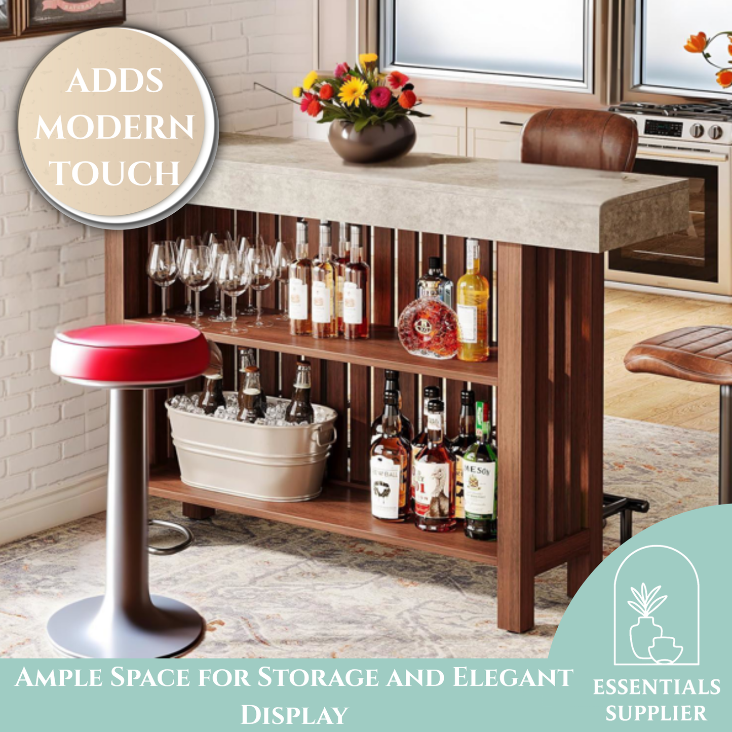 63" Brown Modern Bar Table with 2-Tier Storage, Footrest & Cement Texture Finish