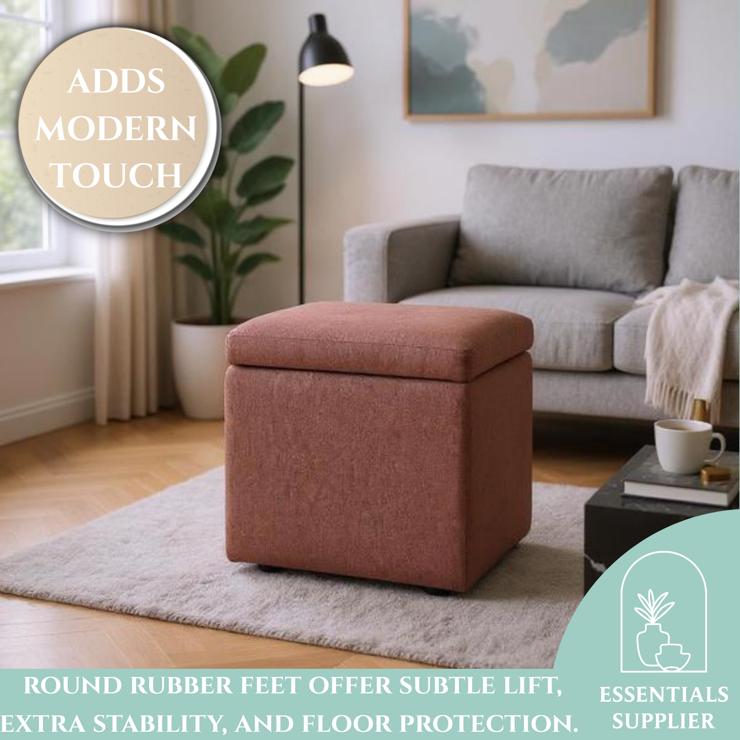 Brown Corduroy Storage Ottoman with Hidden Compartment – 16.5” Cube Seat
