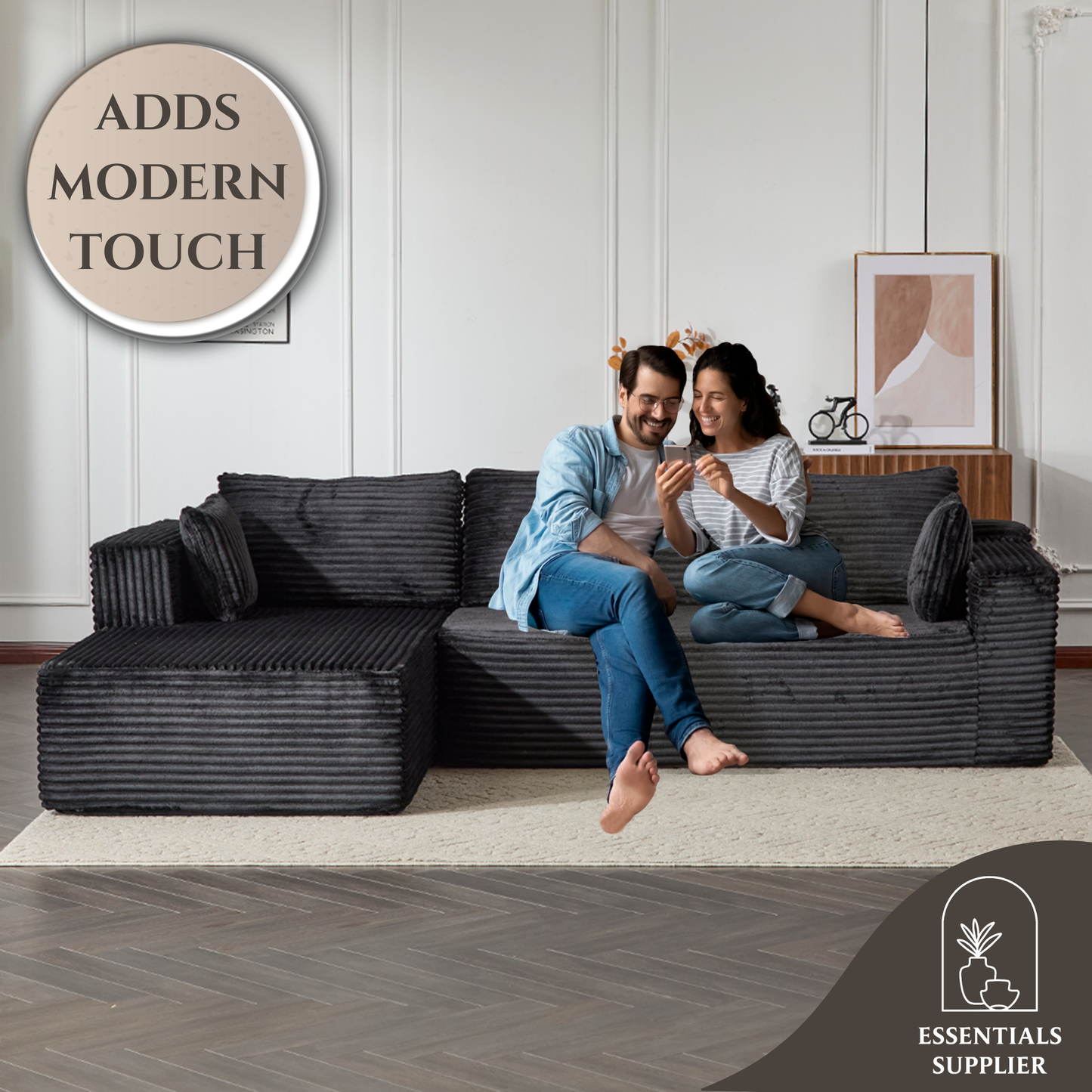 Modular L-Shaped Corduroy Sectional Sofa with Chaise – Black