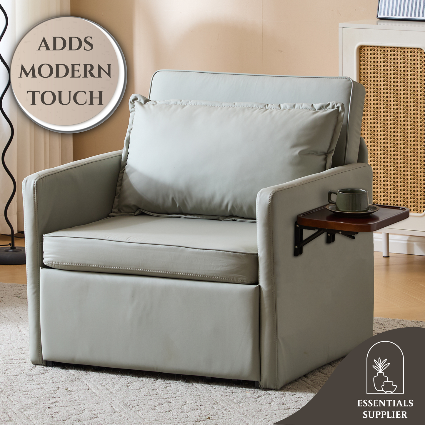 3-in-1 Sleeper Chair Bed with USB Tray, Light Grey Leather Convertible Sofa