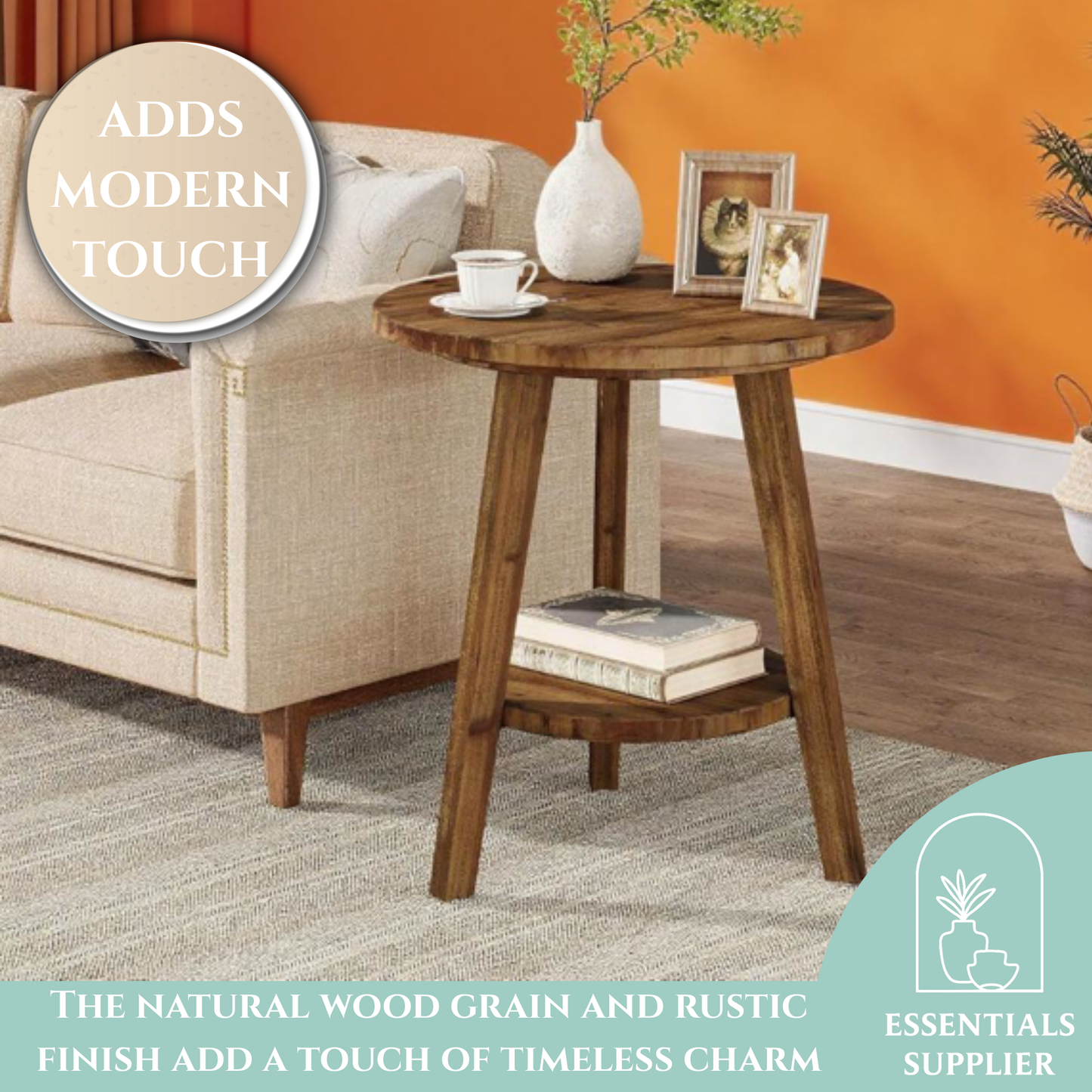 Rustic Solid Wood Round Side Table with Shelf – Natural Fir Coffee End Table