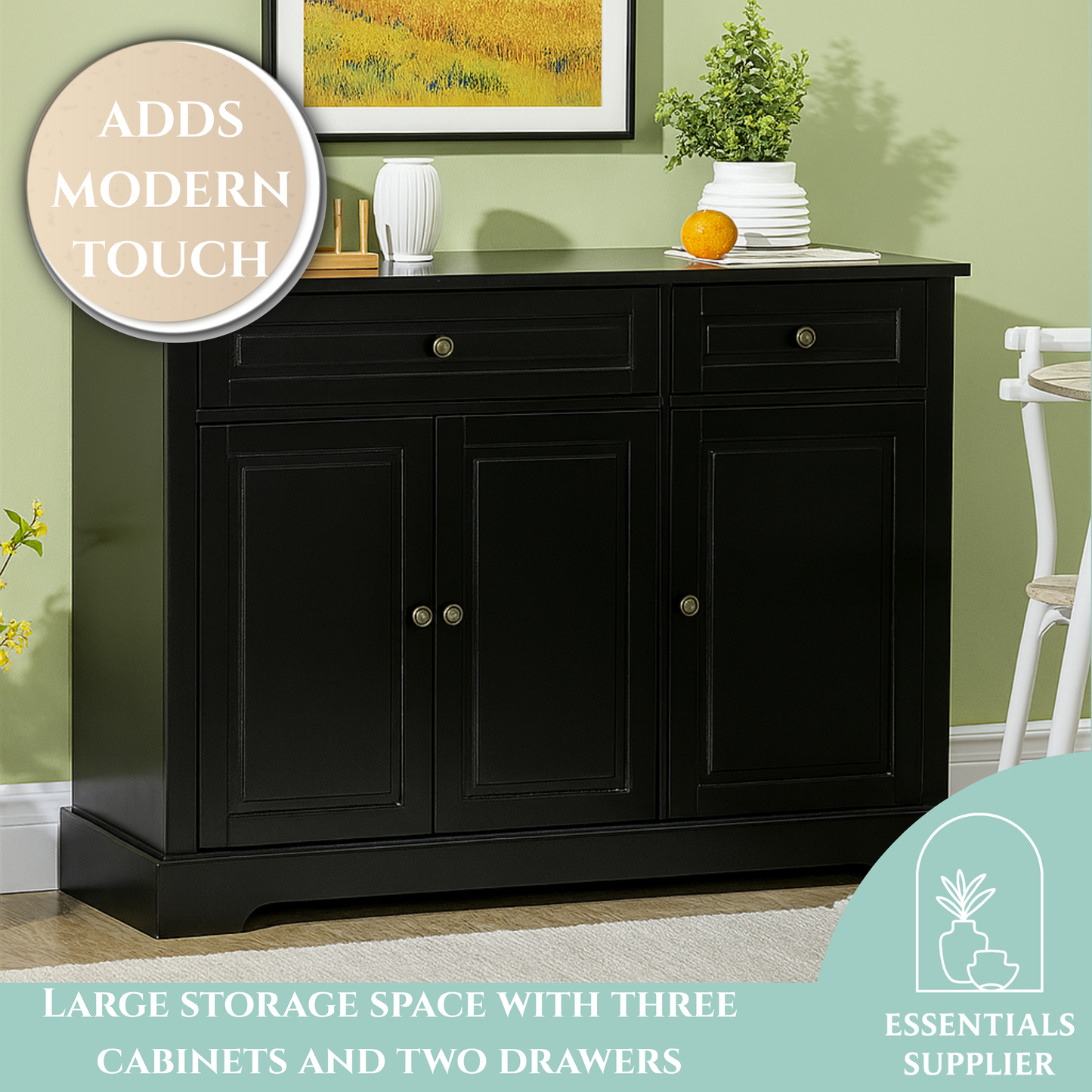 Black Kitchen Storage Cabinet – 3-Door Sideboard with Drawers & Shelves