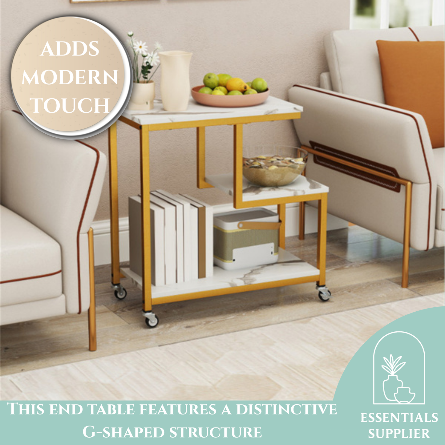 G-Shaped 3-Tier White End Table with Wheels – Mobile Storage Side Table