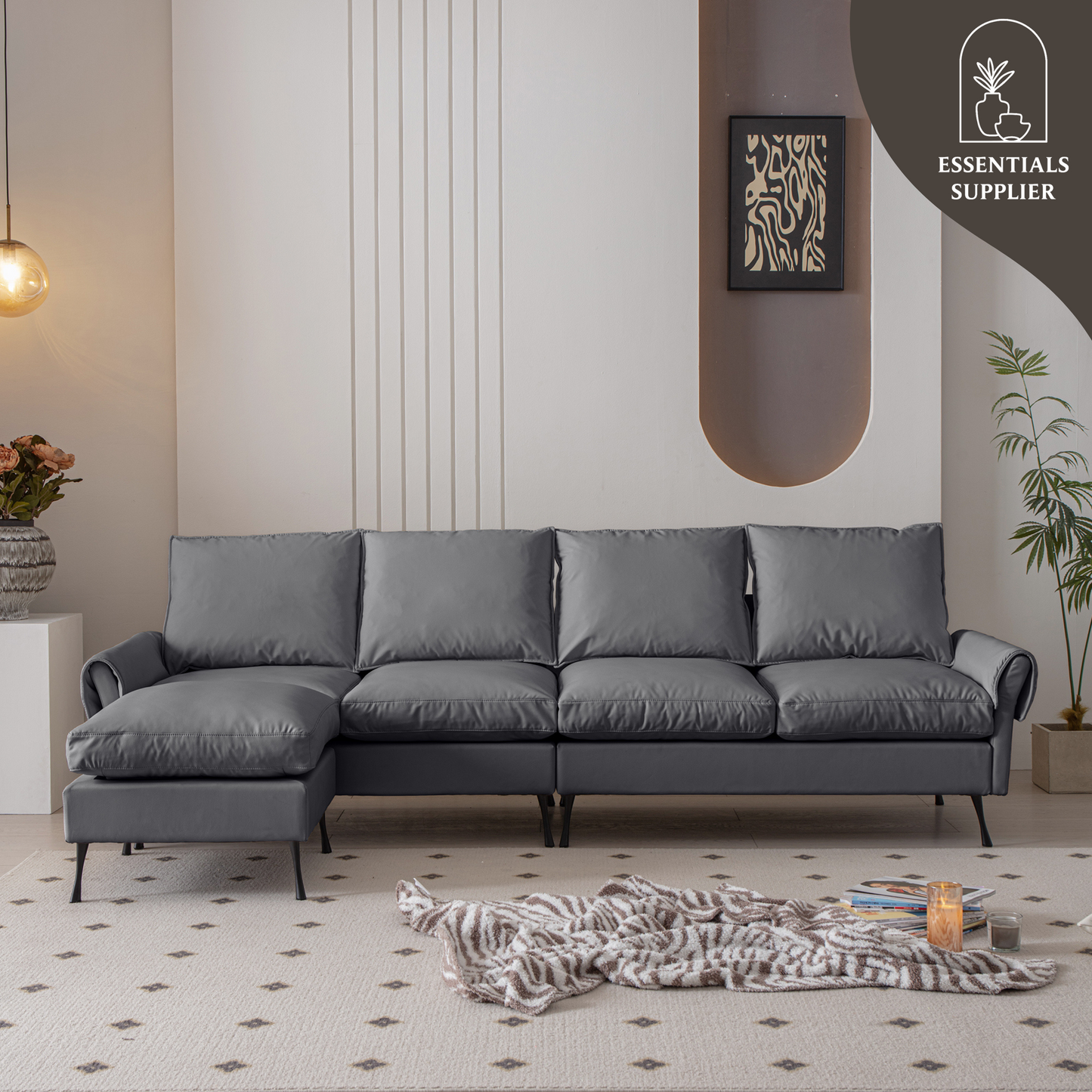 104.5" Modern L-Shaped Tech Leather Sofa with Convertible Ottoman