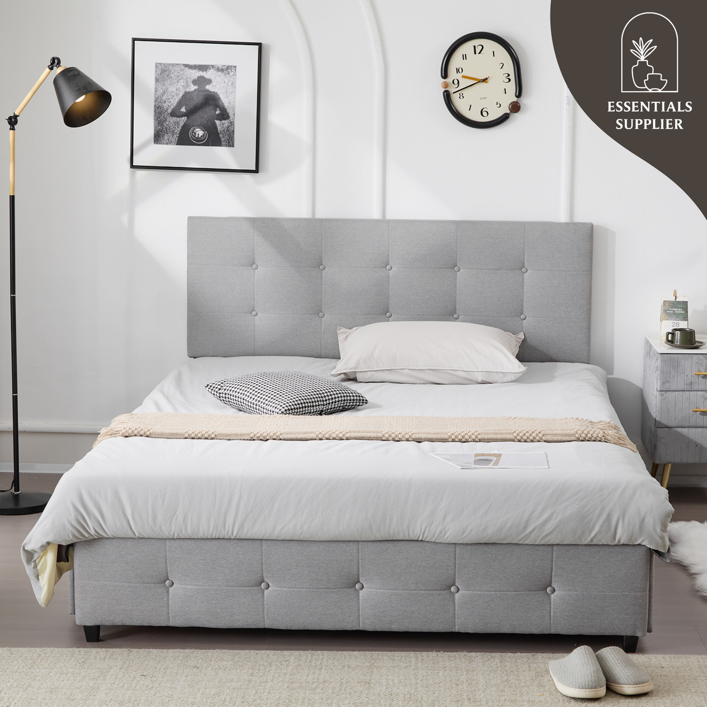 Queen Upholstered Platform Bed with 4 Drawers & Adjustable Tufted Headboard