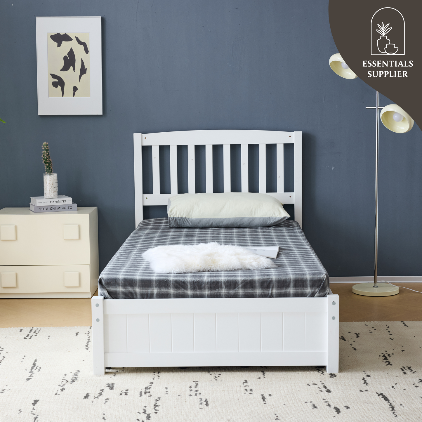 Twin Pine Wood Platform Bed with 4 Storage Drawers & Curved Headboard – White