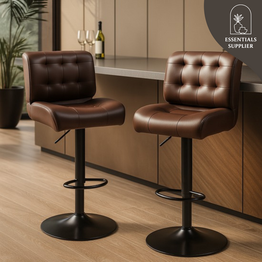Set of 2 Adjustable Brown Bar Stools with Swivel Seats & Tufted Backrest