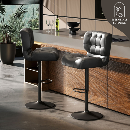Set of 2 Adjustable Black Bar Stools with Swivel Seats & Tufted Backrest
