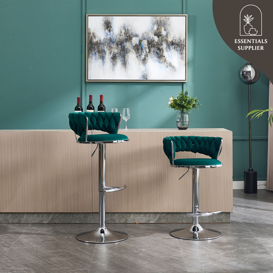 Set of 2 Green Velvet Bar Stools with Chrome Base & Swivel Adjustable Height