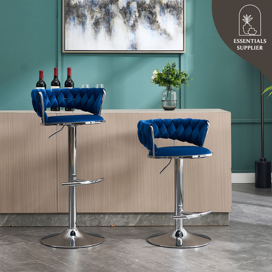 Set of 2 Blue Velvet Bar Stools with Chrome Base & Swivel Adjustable Height