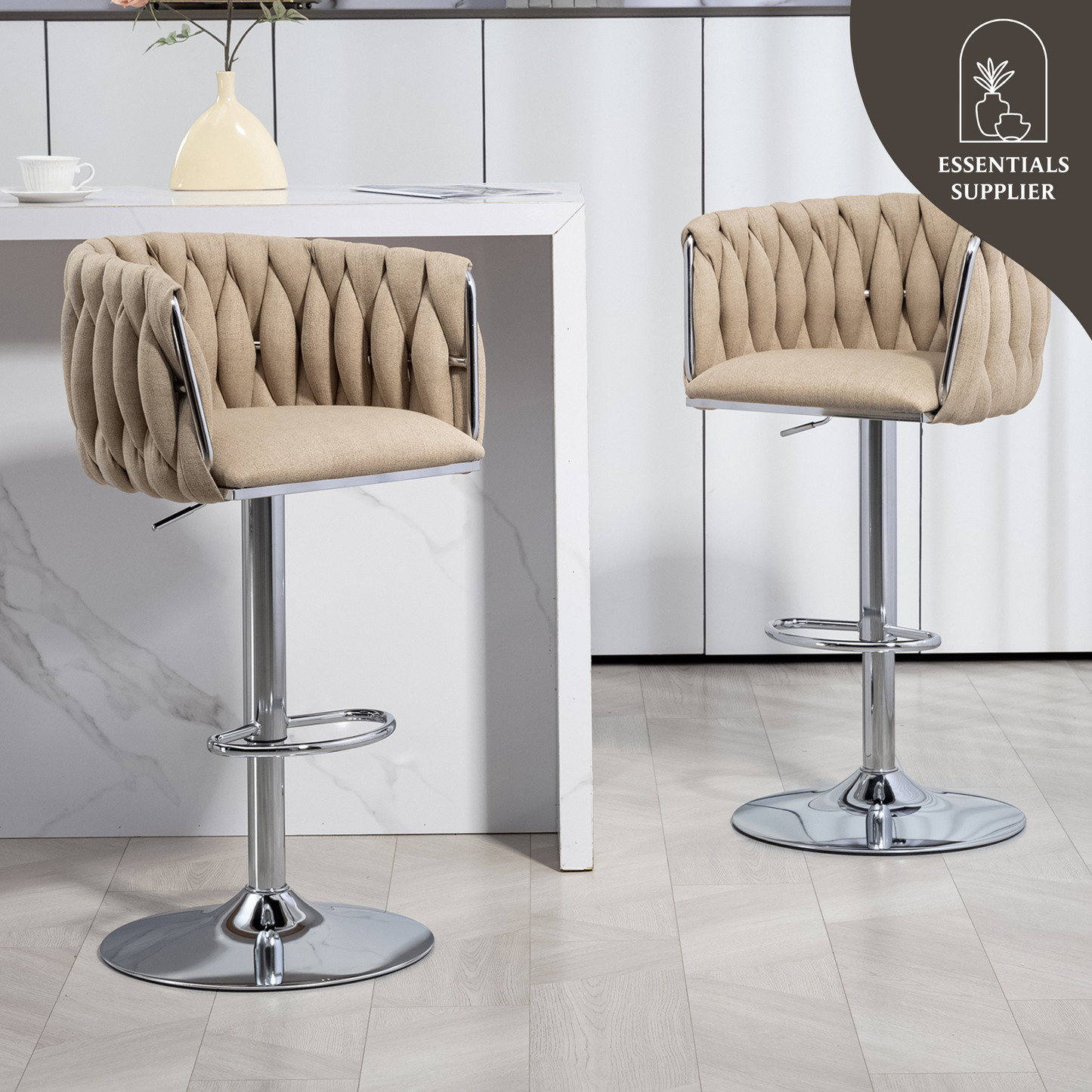 Set of 2 360° Swivel Fabric Bar Stools with Woven Back, Adjustable Height, Beige