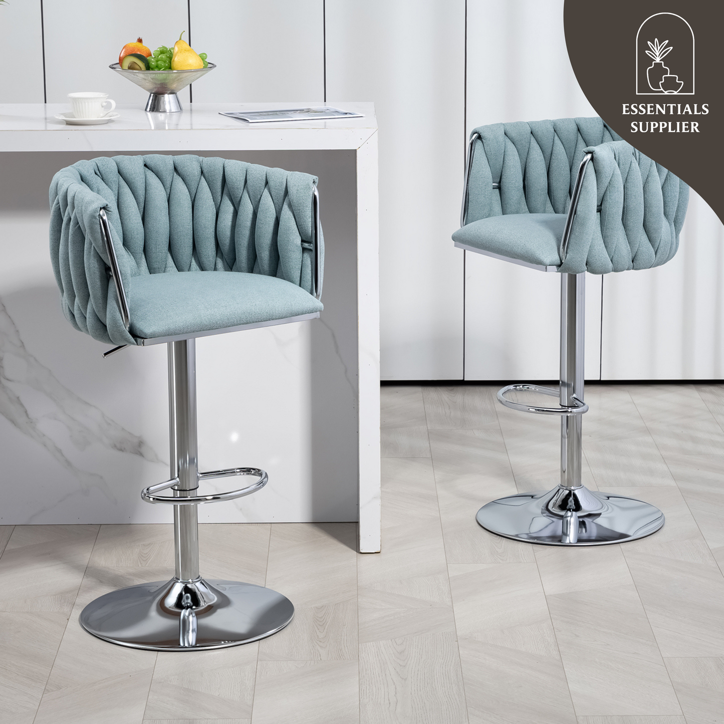 Set of 2 360° Swivel Fabric Bar Stools with Woven Back, Adjustable Height, Blue
