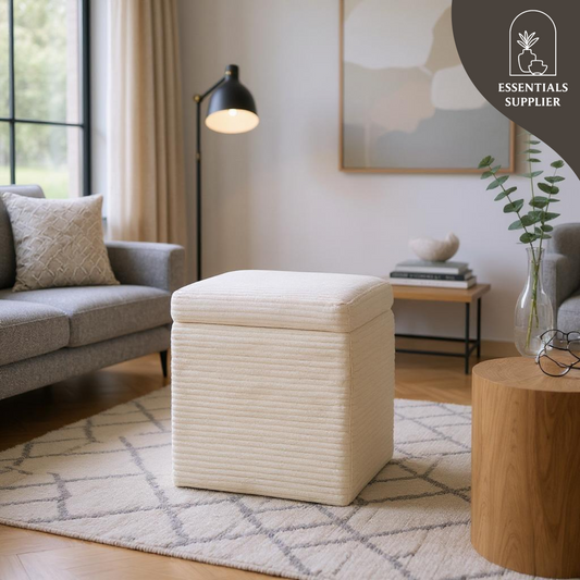 Beige Corduroy Storage Ottoman with Hidden Compartment – 16.5” Cube Seat