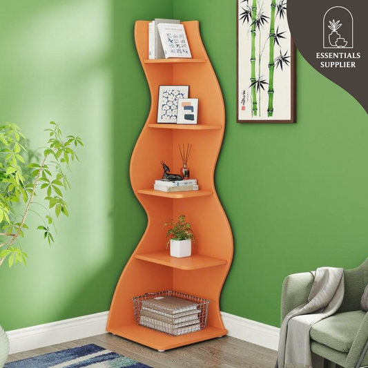 Bookcase Wavy 5-Tier Orange Corner Bookshelf – Modern Sculpted Storage Rack
