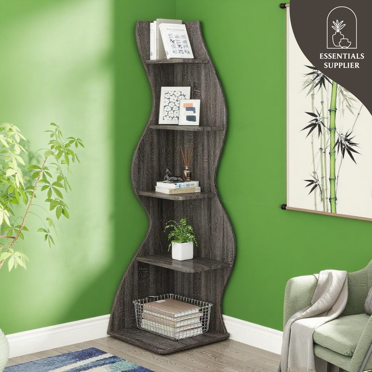 Dark Brown Wavy 5-Tier Corner Bookshelf – Modern Sculpted Bookcase Storage Rack