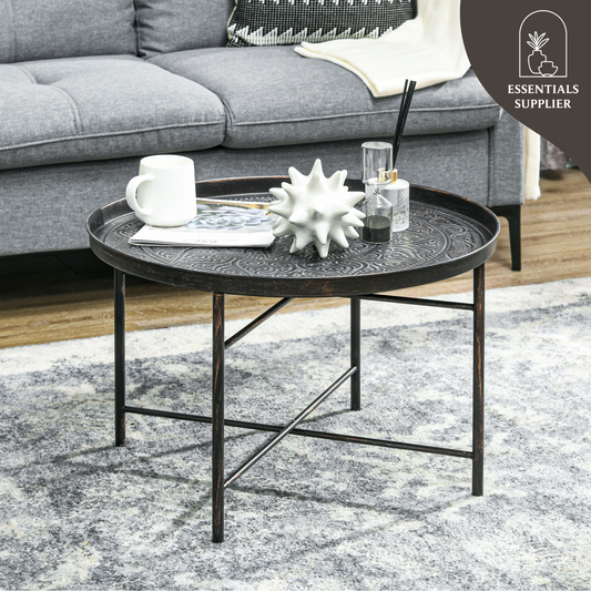 Round Hammered Pewter Metal Coffee Table – 24” Decorative Accent Table