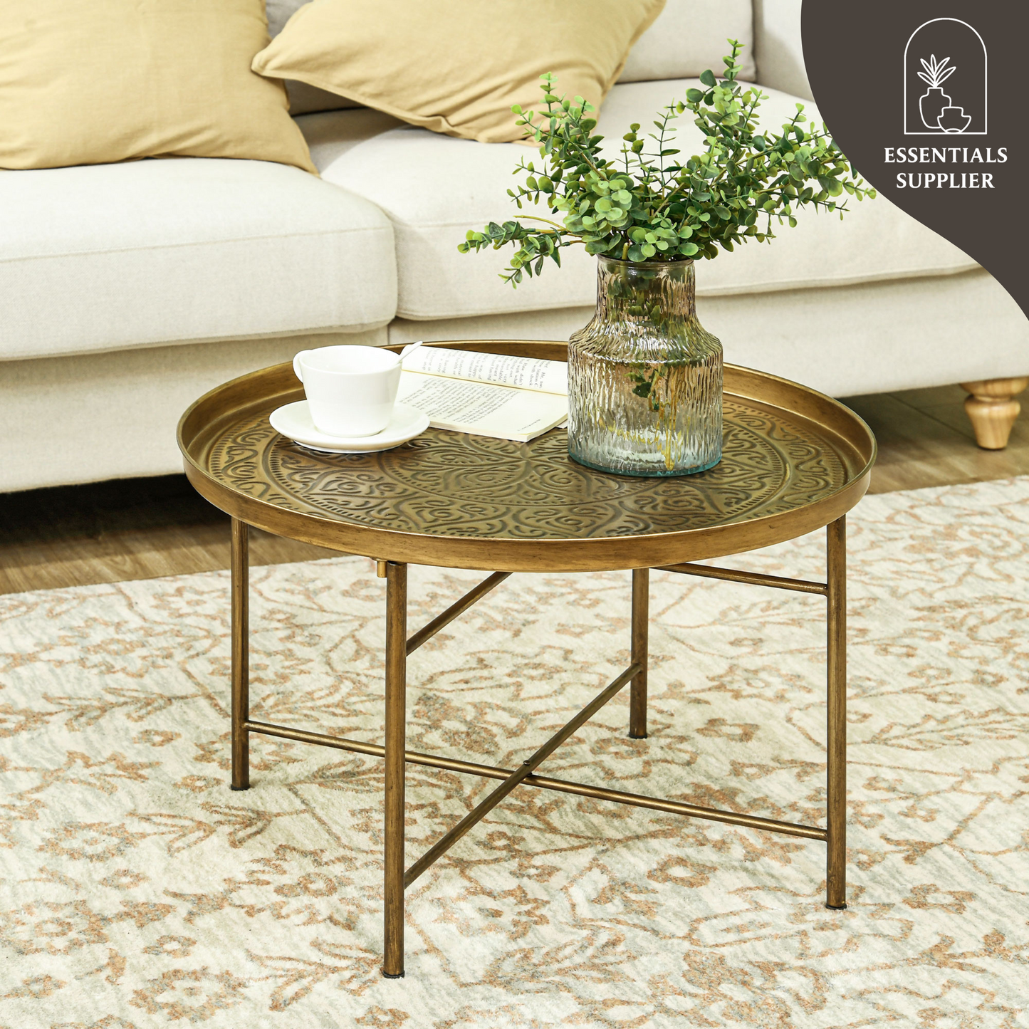 Round Hammered Gold Metal Coffee Table – 24” Sculpted Accent Table