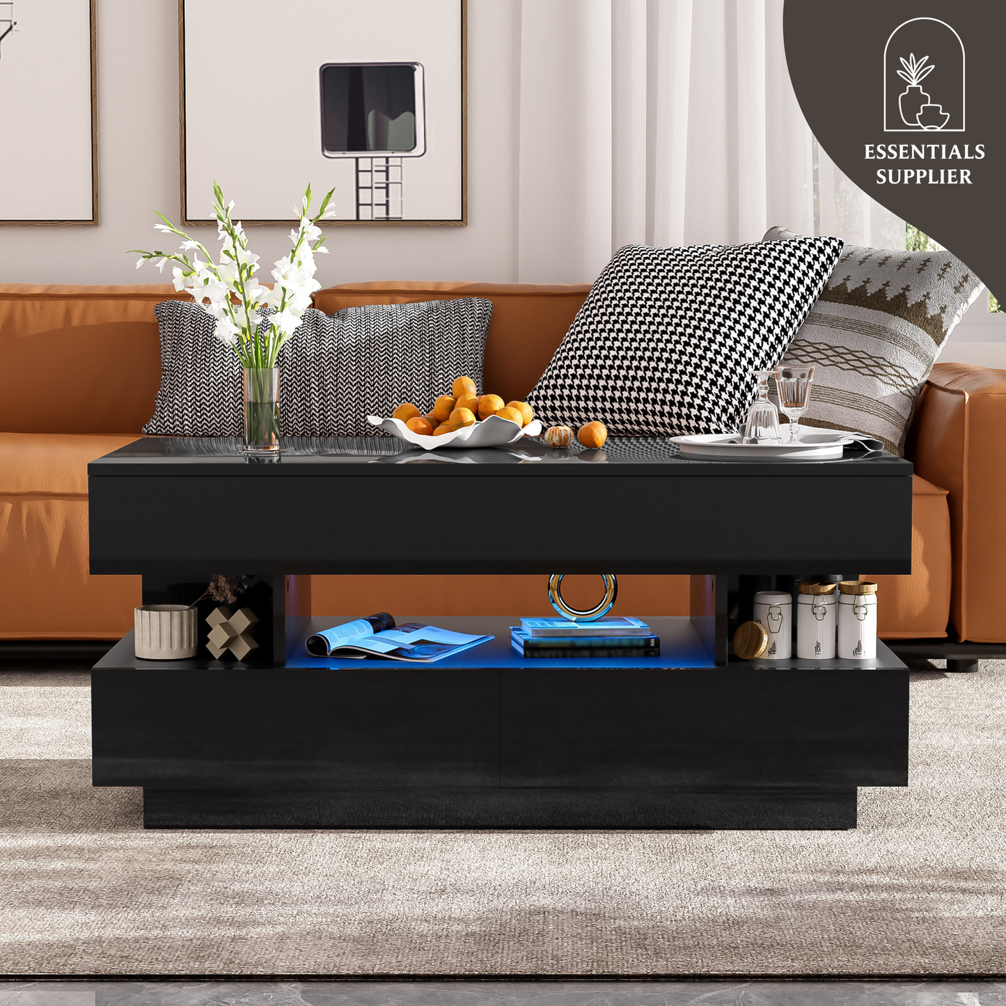 Black High-Gloss Coffee Table with Drawers, Extendable Top & 16-Color LED Lights