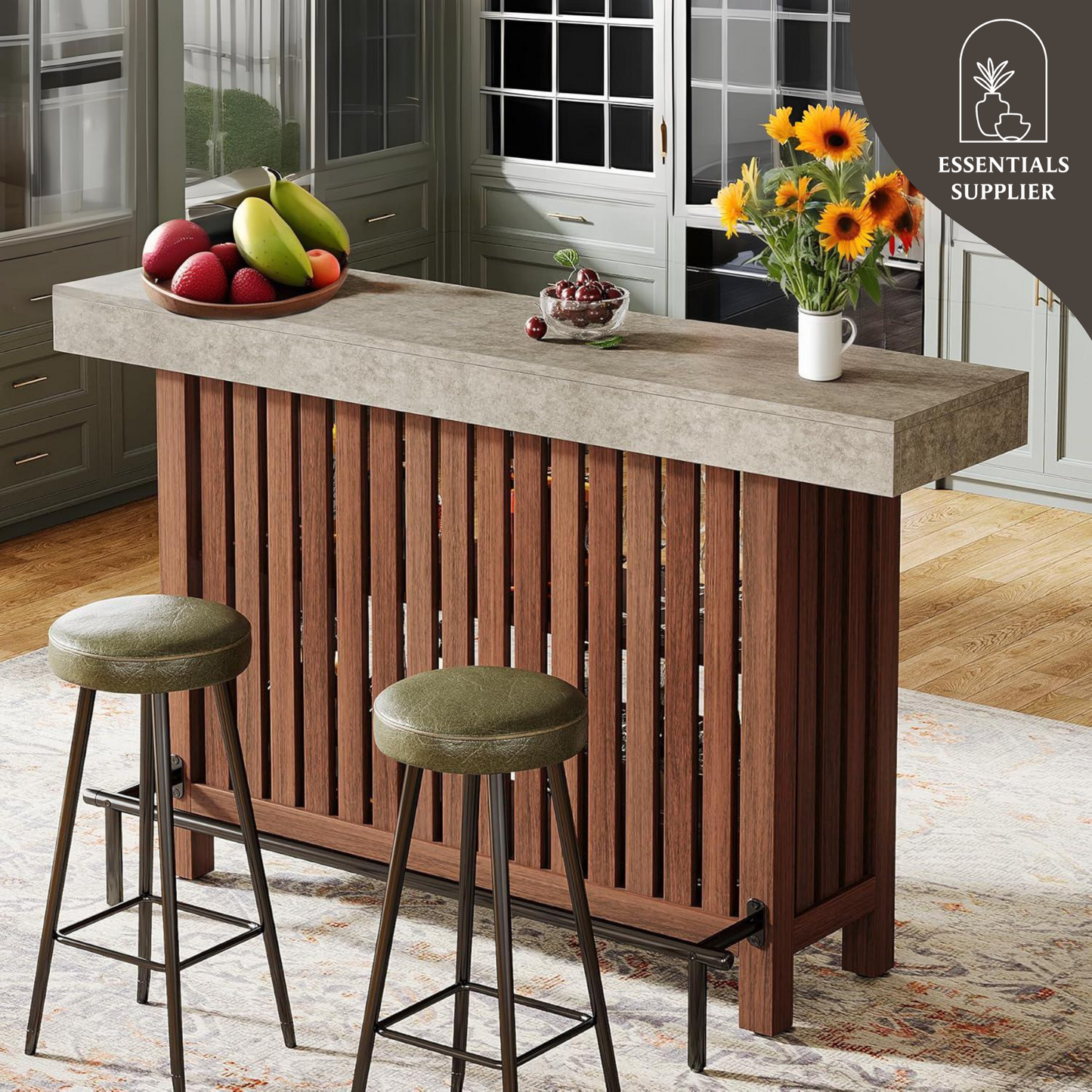 63" Brown Modern Bar Table with 2-Tier Storage, Footrest & Cement Texture Finish