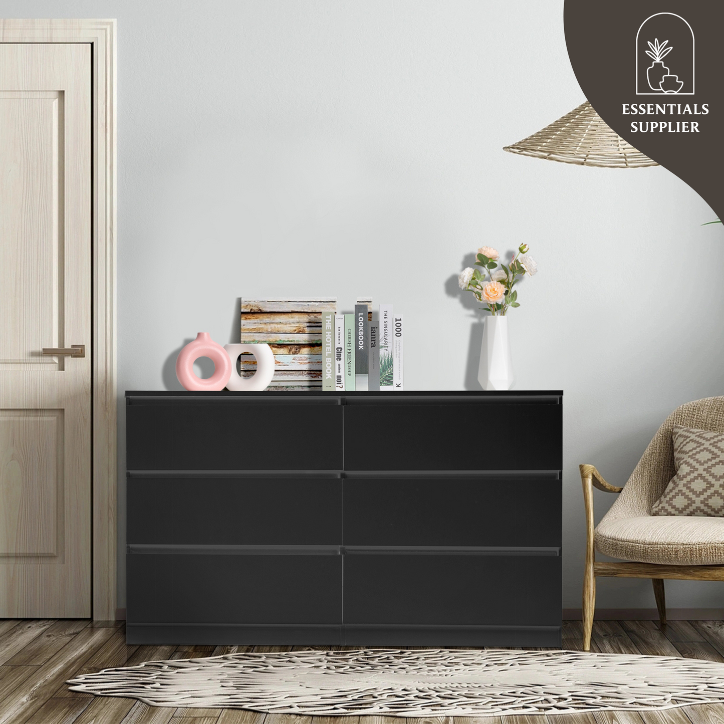 Black 6-Drawer Double Dresser – Wide Modern Storage Cabinet for Bedroom or Entryway