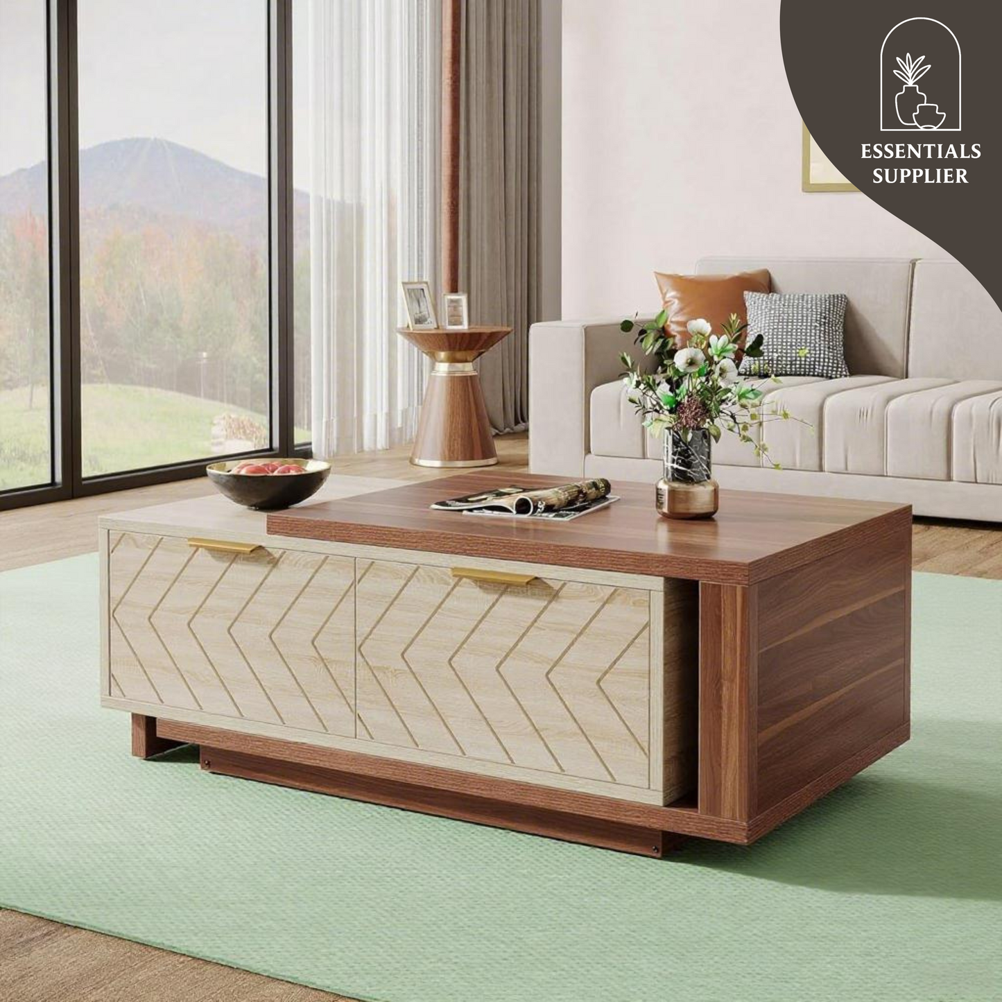 Walnut & Oak Expandable Coffee Table – V-Groove Drawers + Brass Pulls