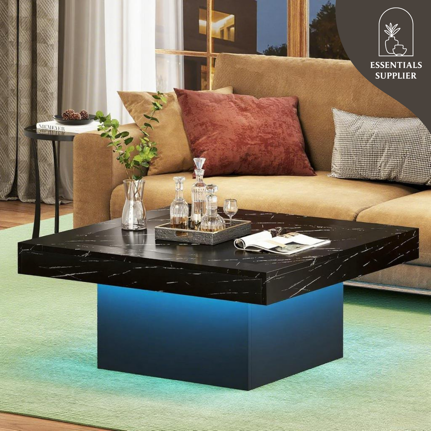 Rustic LED Coffee Table with Square Top & Modern Base – 35” Wood Accent