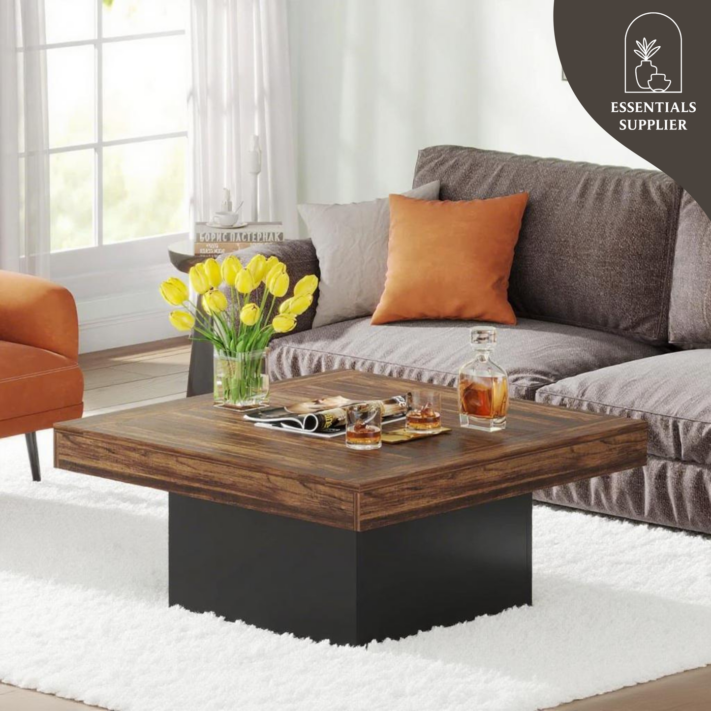 Rustic Brown LED Coffee Table with Black Base – 35” Square Modern Farmhouse Design