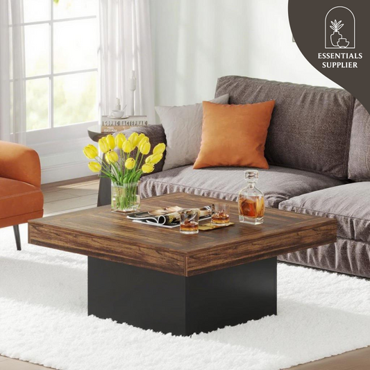 Rustic Brown LED Coffee Table with Black Base – 35” Square Modern Farmhouse Design