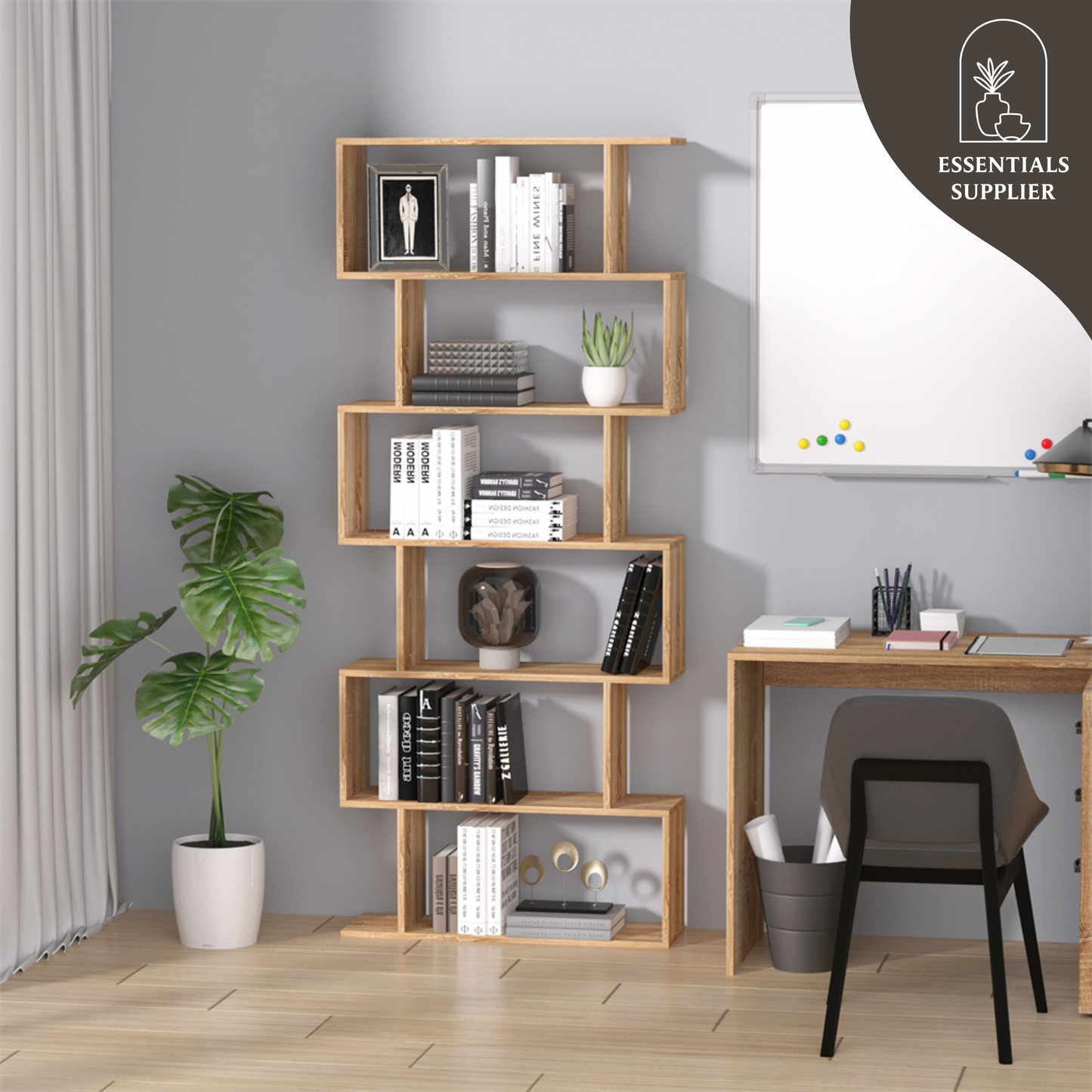 S-Shaped 6-Tier Oak Bookcase | Modern Display & Storage Shelf Cabinet