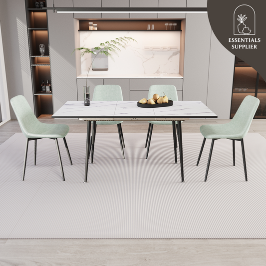 Extendable White Dining Table Set with 4 Green Chairs – Seats 2–6