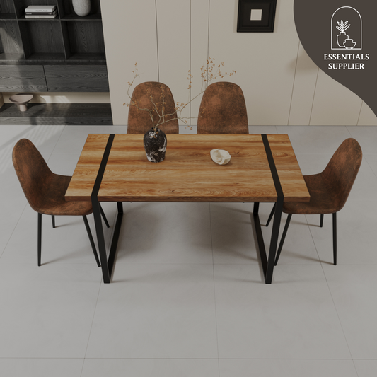 59" Wood Dining Table Set w/ 4 Suede Chairs | Industrial Metal Frame Design