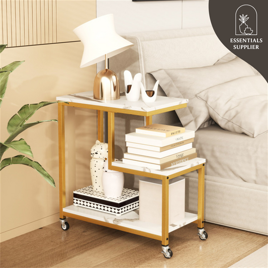 G-Shaped 3-Tier White End Table with Wheels – Mobile Storage Side Table