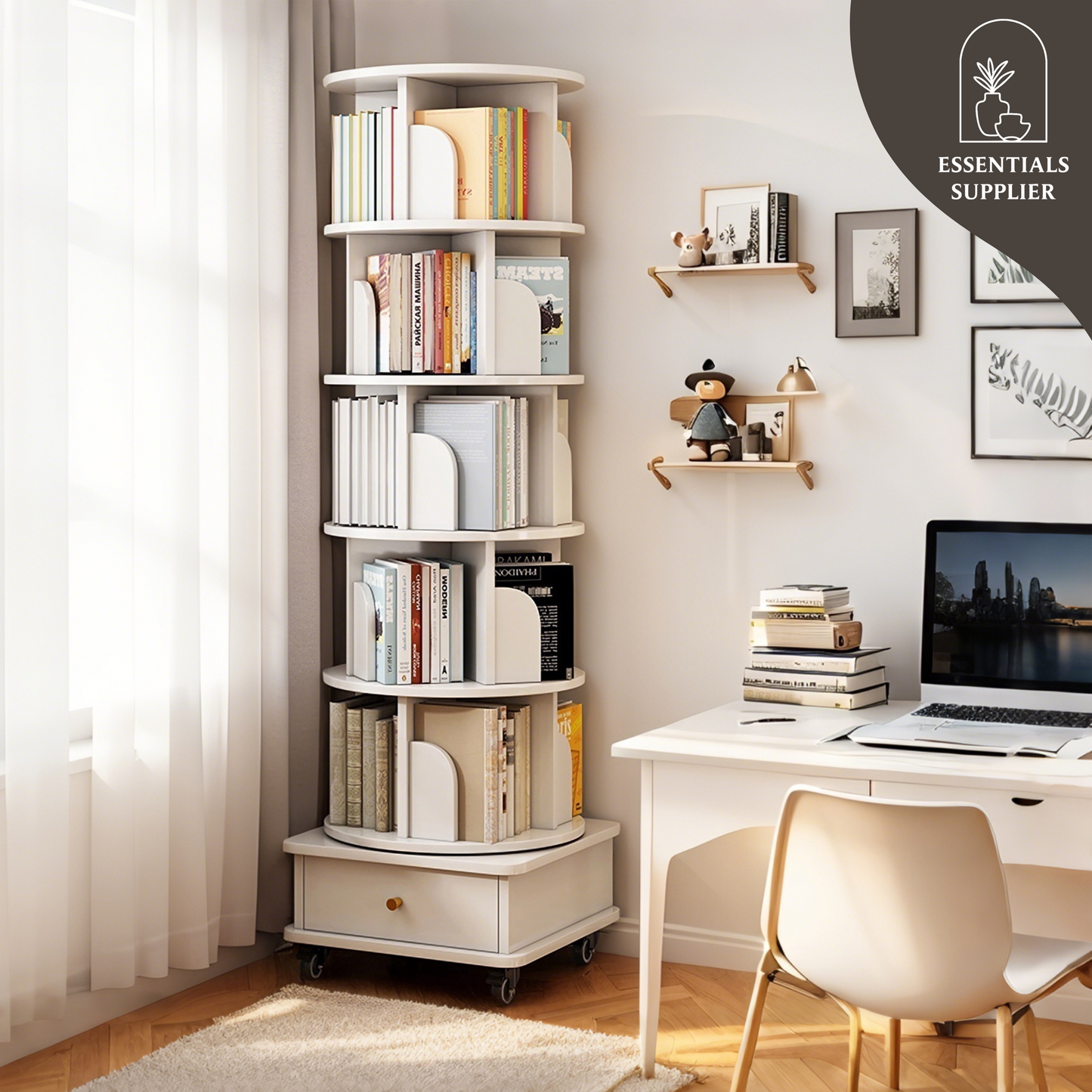 6-Tier 360° Rotating Bookshelf with Wheels & Drawer, Space-Saving Warm White