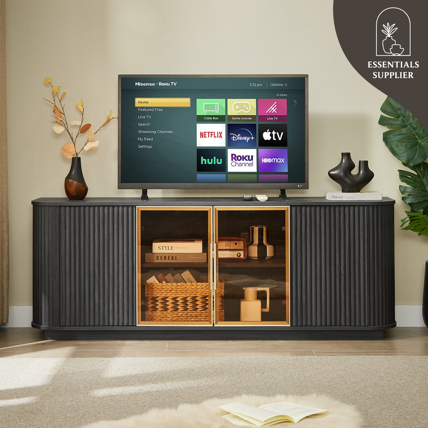 64" Wavy Black TV Cabinet with LED, Glass Doors & Storage for Living Room