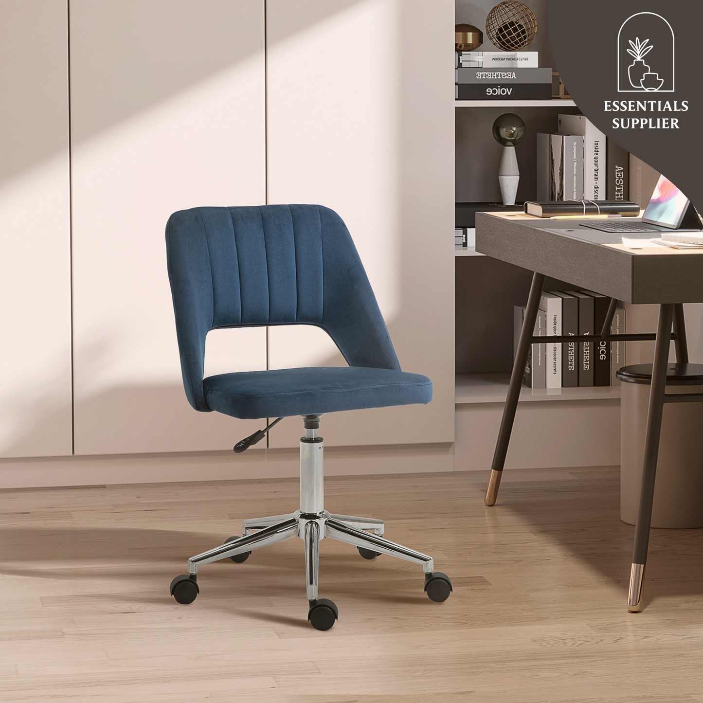Modern Blue Velvet Office Chair – Adjustable Height, Swivel Base & Scallop Backrest