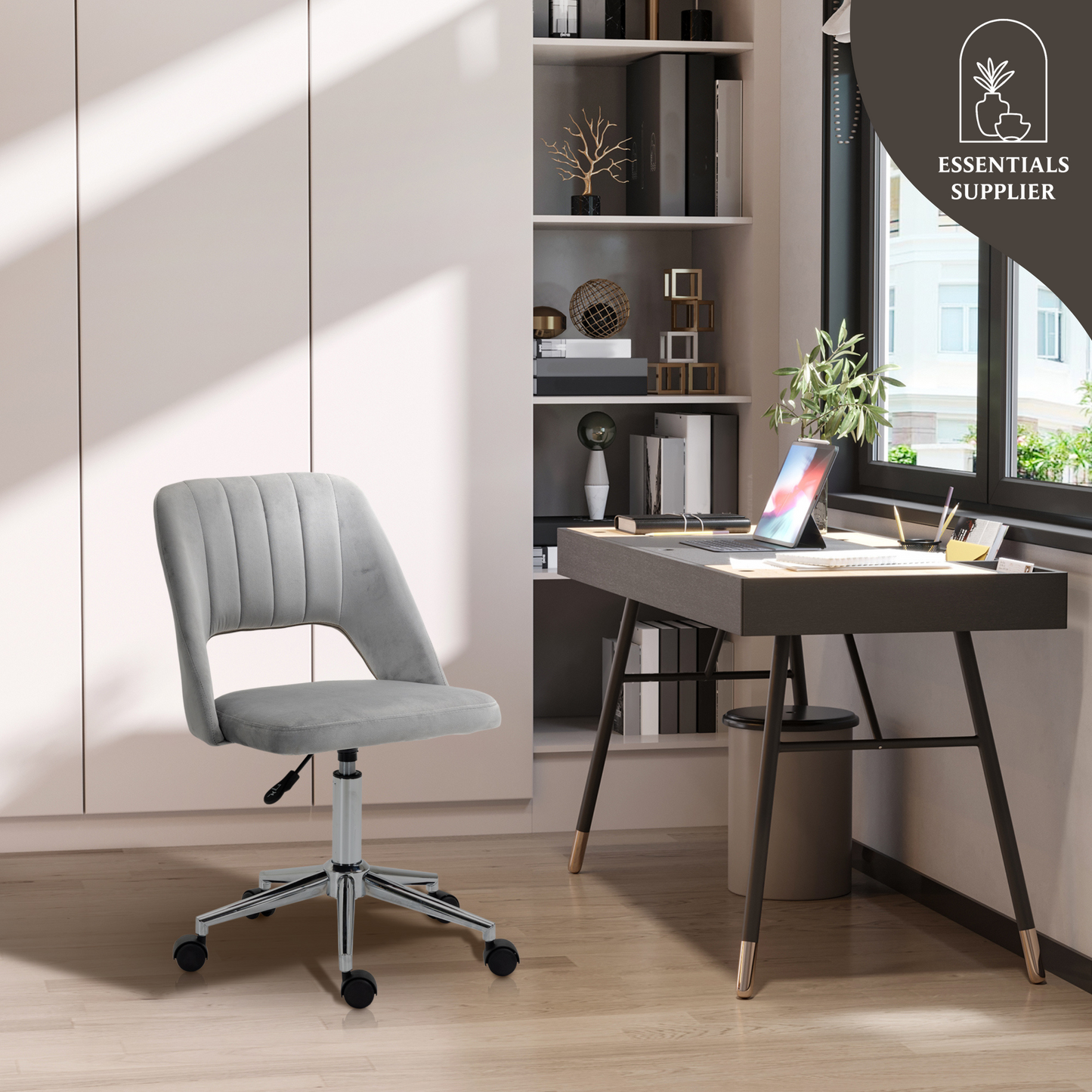 Modern Grey Velvet Office Chair – Adjustable Height, Swivel Base & Scallop Backrest