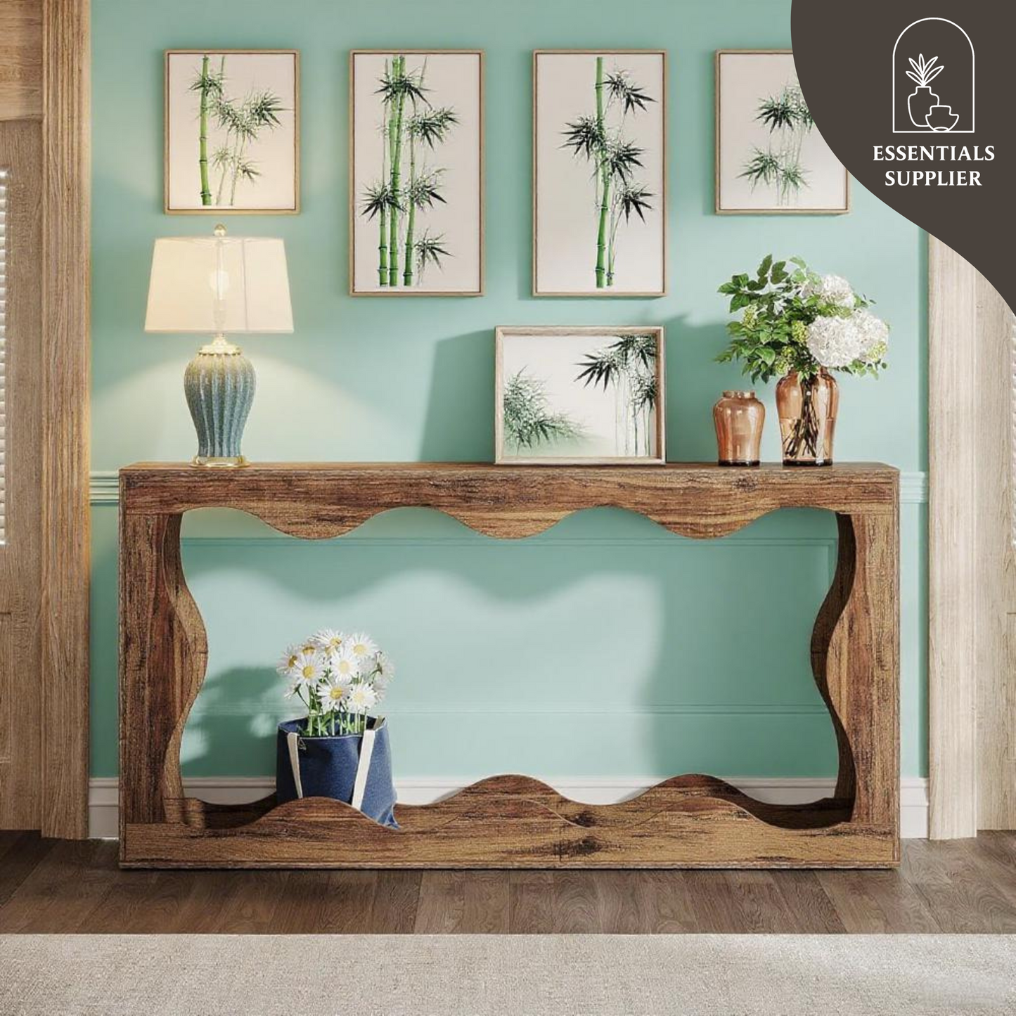 63" Farmhouse Wavy Scalloped Console Table – 2-Tier Entryway & Sofa Table