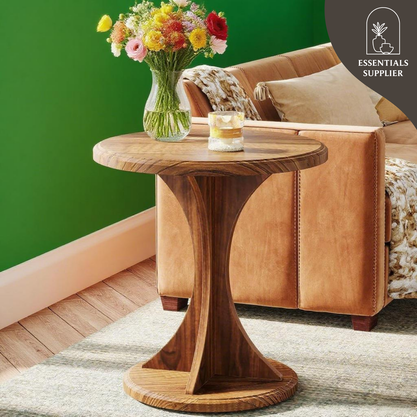 Rustic Round Wood Coffee Table with Hourglass Pedestal – Compact Vintage End Table