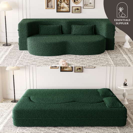 Green Teddy Fabric Convertible Floor Sofa Bed with 2 Pillows, Full Size 78"