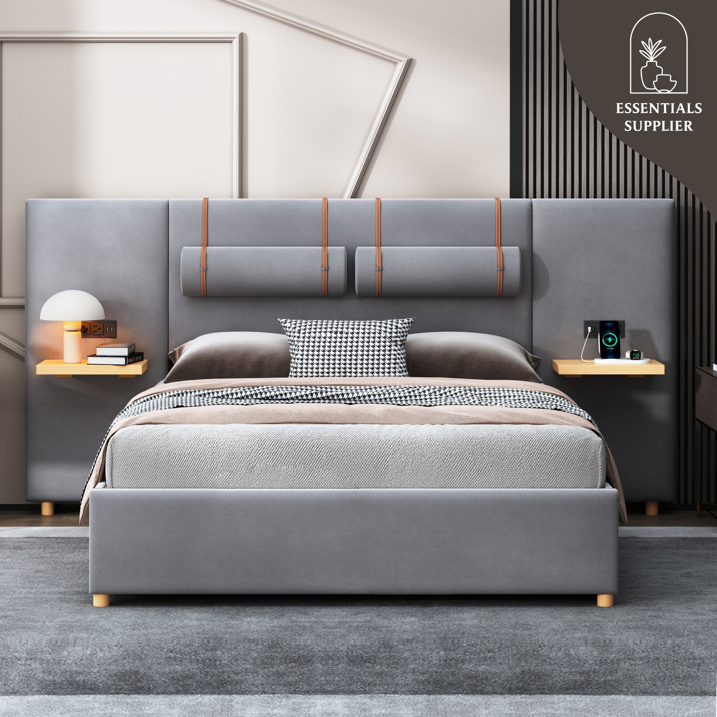 Queen Upholstered Platform Bed with USB Ports, Pillows & Storage Shelves – Gray