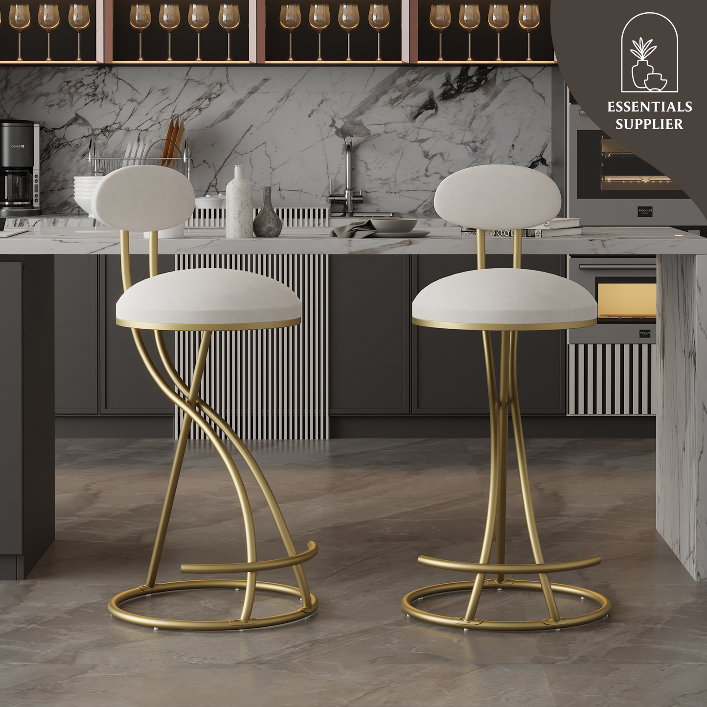 Set of 2 Velvet Round Bar Stools with Back – Gold & Cream Upholstered Counter Chairs