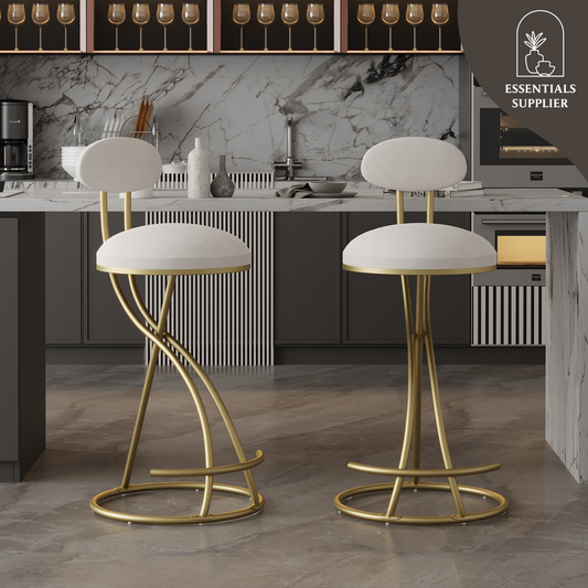 Set of 2 Velvet Round Bar Stools with Back – Gold & Cream Upholstered Counter Chairs