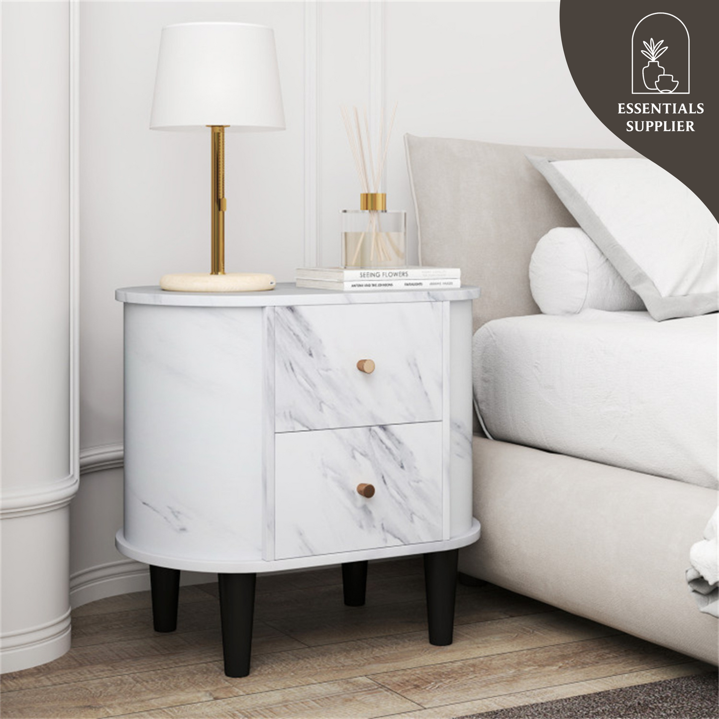 White Nightstand with Faux Marble Top & 2 Drawers – Modern Bedroom Side Table